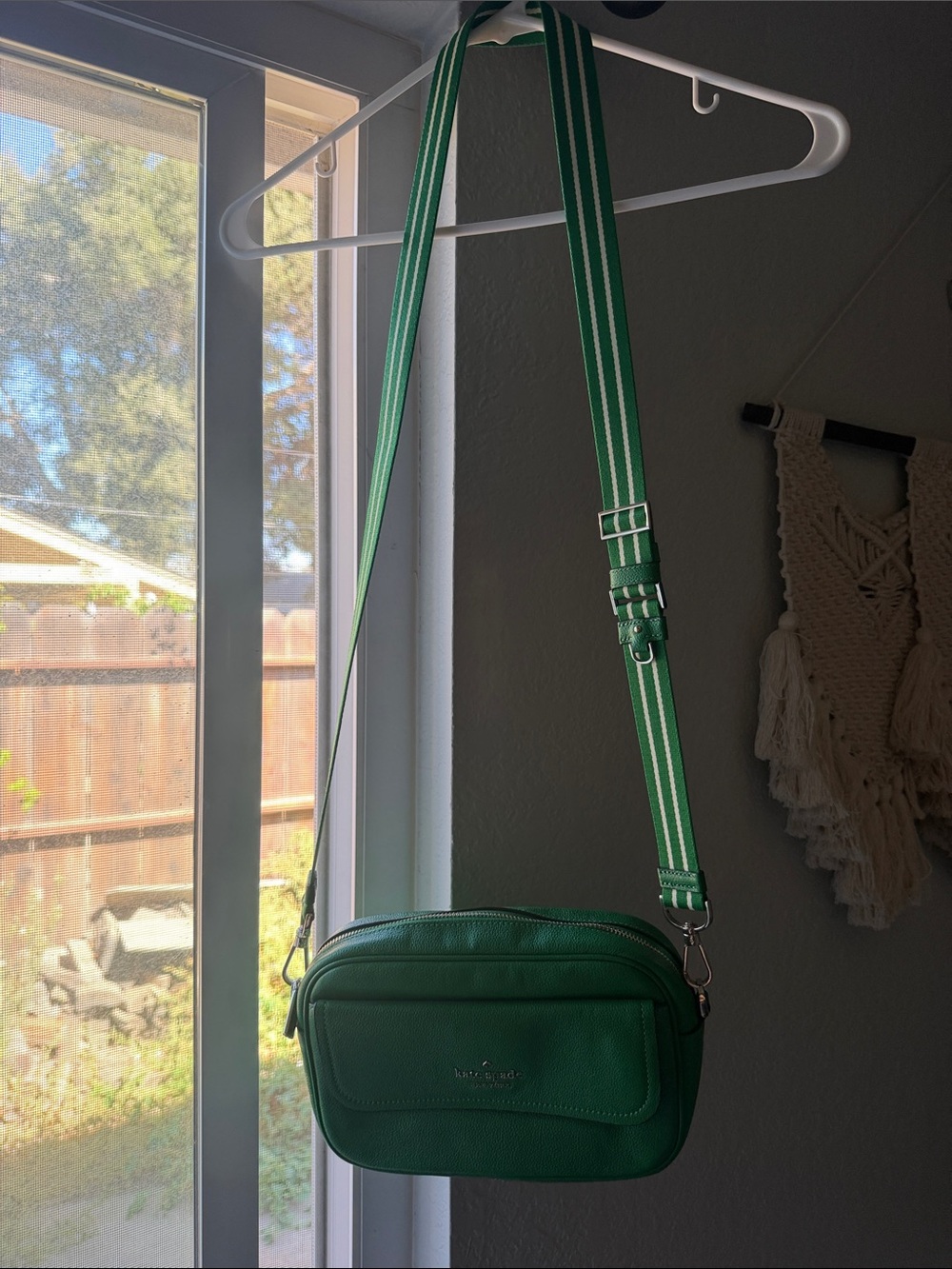 kate spade green leather crossbody with striped adjustable strap